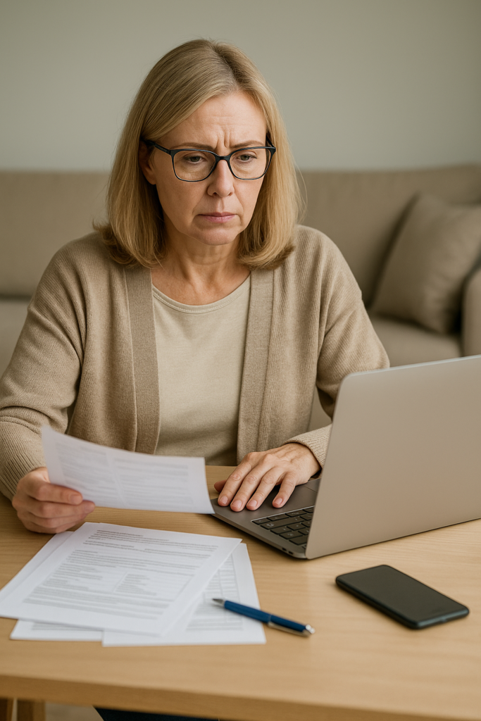 Das Bild zeigt eine Person, die zu Hause Unterlagen sortiert und Pflegegeld-Dokumente prüft.