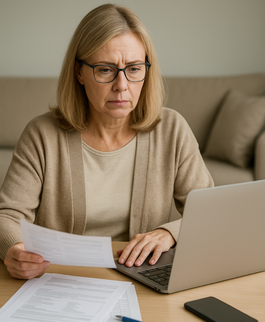 Das Bild zeigt eine Person, die zu Hause Unterlagen sortiert und Pflegegeld-Dokumente prüft.